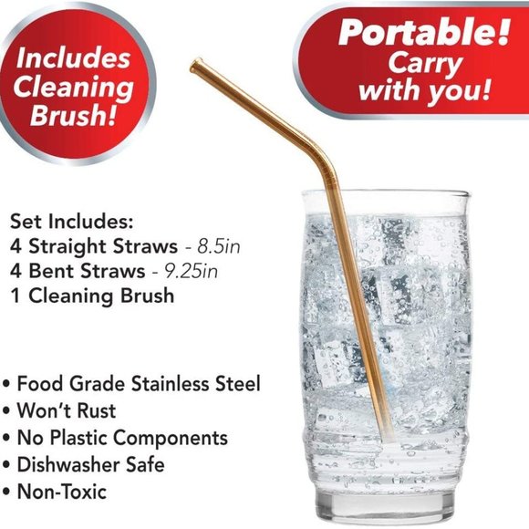Red Copper 8 Reusable Drinking Straws 8 Pc Set New - Picture 5 of 6